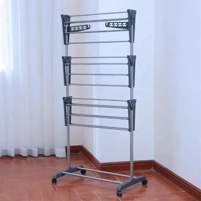 Drying Clothes Rack Folding Multi Functional Stainless Steel 3-Layer Household Floor Type Drying Racks Mobile Coat Storage Shelf