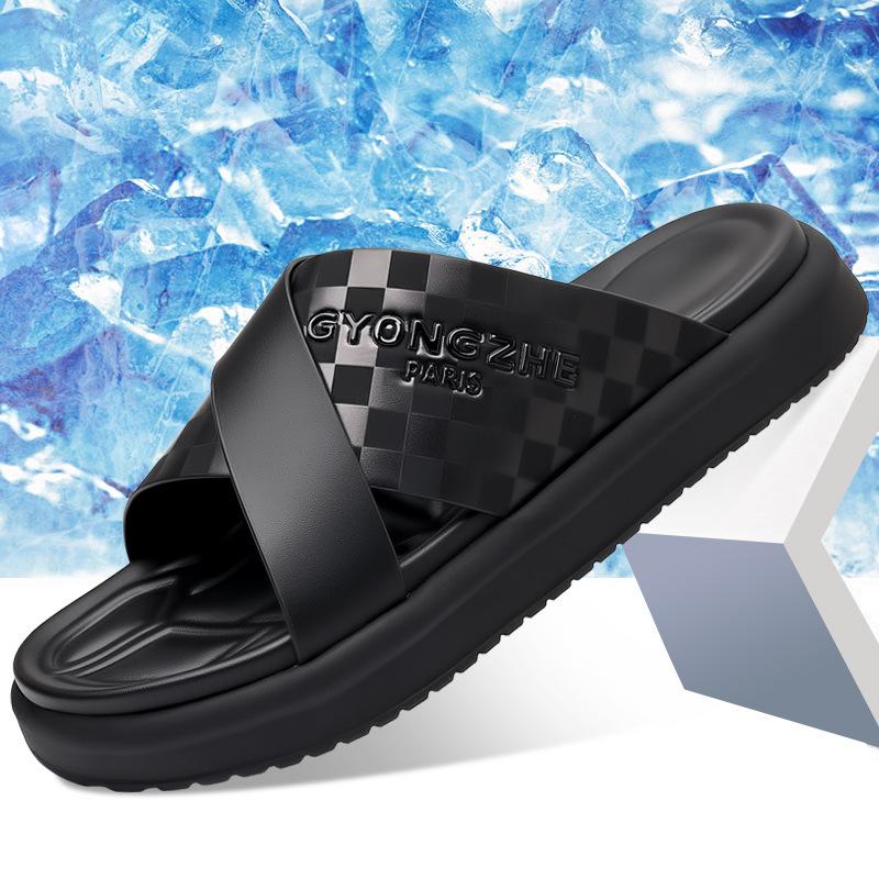 

Summer New Soft Soles Non-slip Outside Wear Slippers for Men High Quality Black Leisure Leather Beach Shoes Slippers Man 38