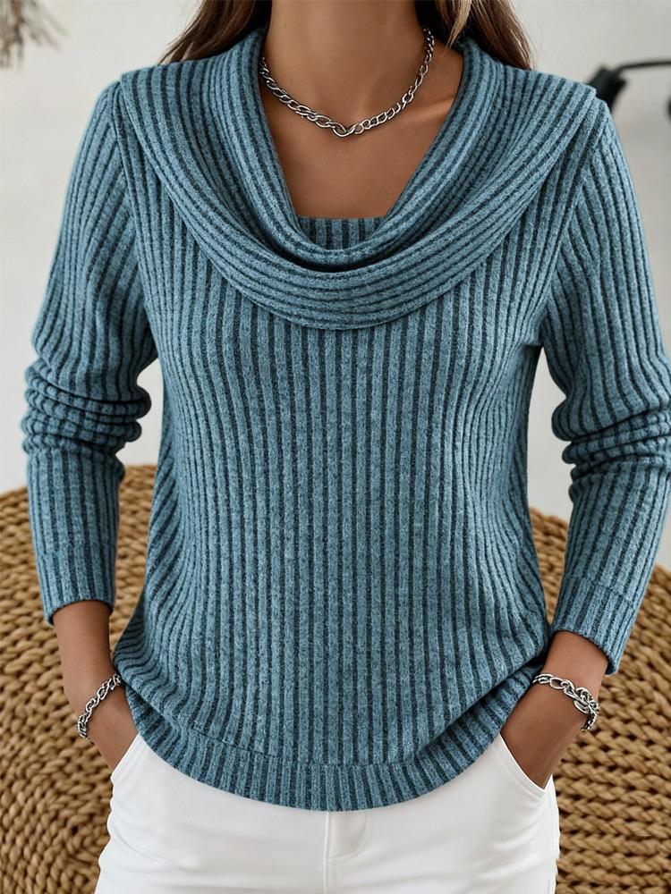Women's Cowl Neck Long Sleeve Knit Top Regular Fit Vintage Ribbed Pullover Sweater