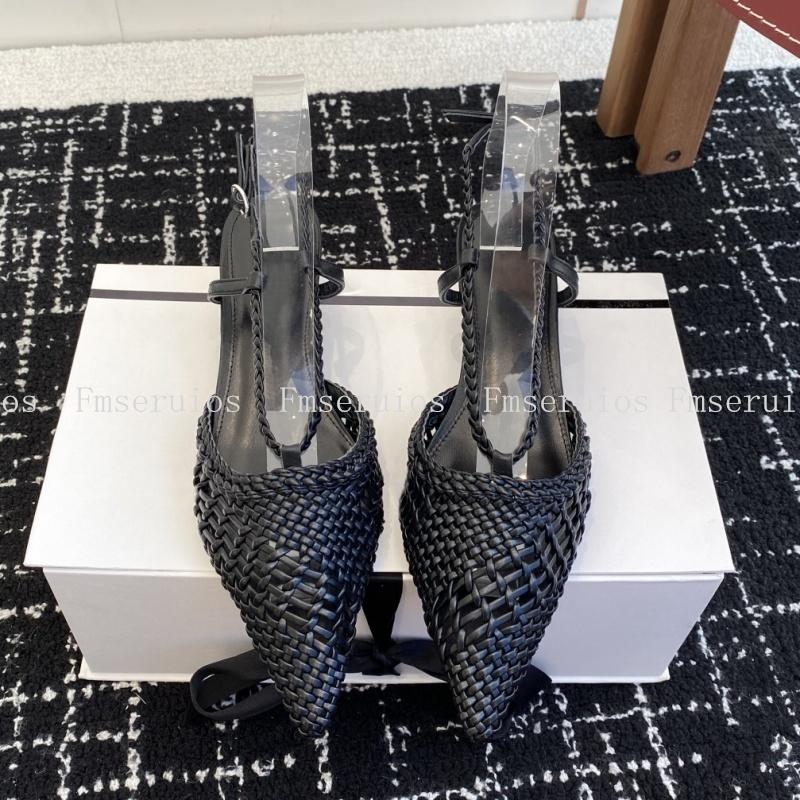 

Women Low Heel Sandals Top Quality Fashion Design Elegant Spike Heel Pointed Toe Woven Mesh Buckle Strap Dress Shoes Summer 35