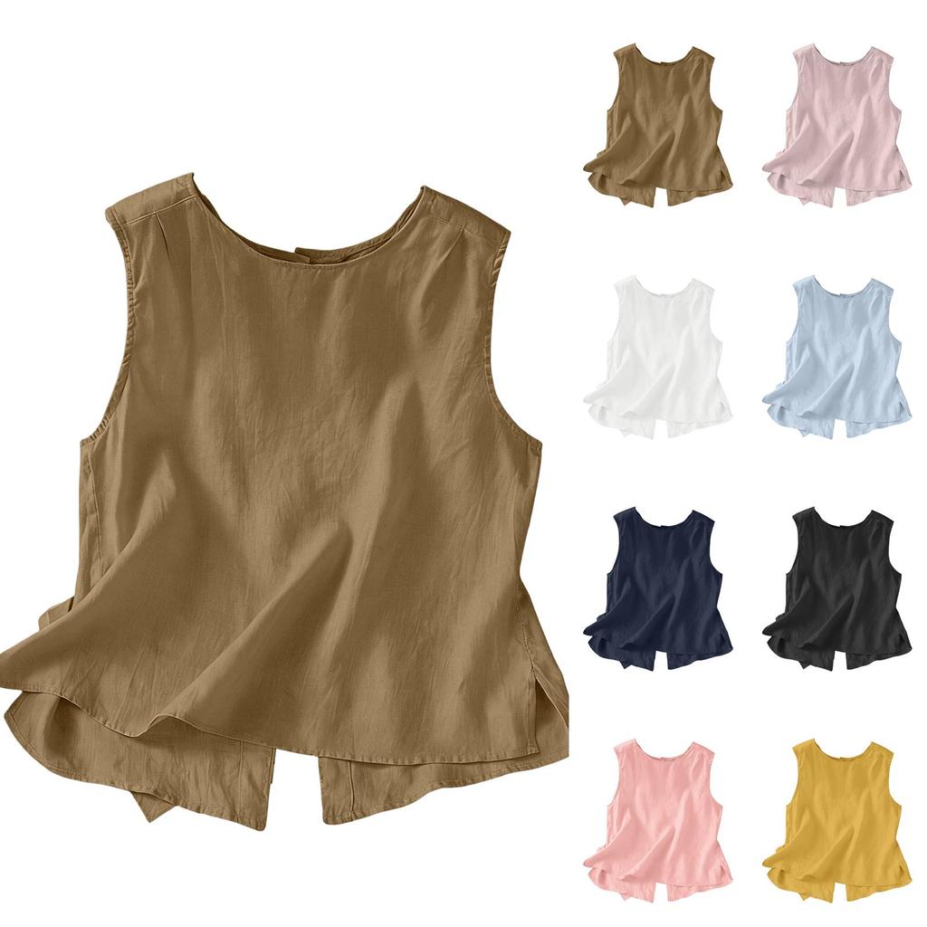 Women's Button-down Round Neck Linen Sleeveless Vest With Two-way Design