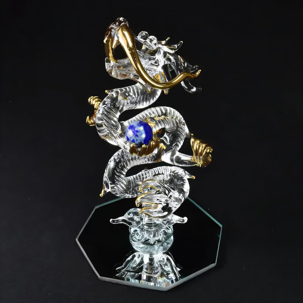 Fourcart Cute Handmade Glass Craft with Natural Stone Rising Dragon (Lapis Lazuli)