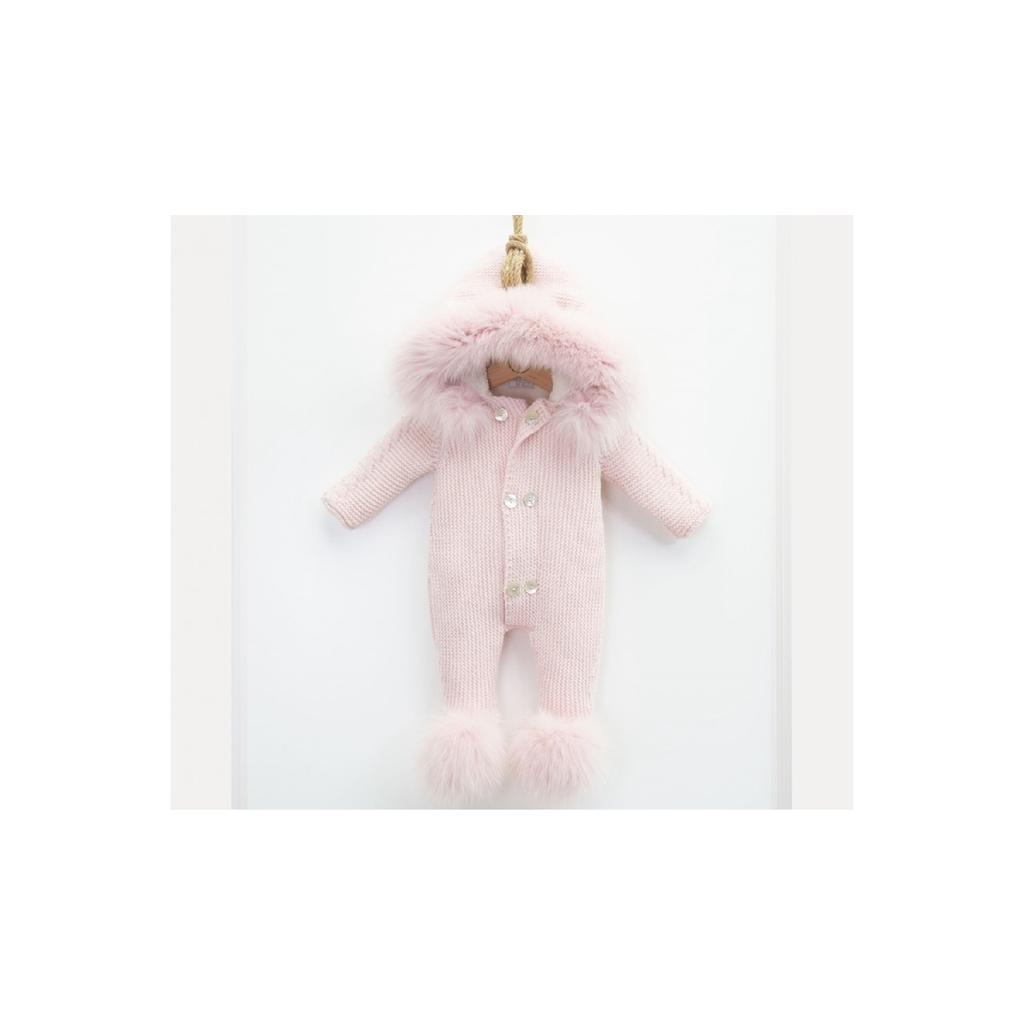 100% Cotton Knitwear Baby Jumpsuit With Fish Back Patterned Pompom