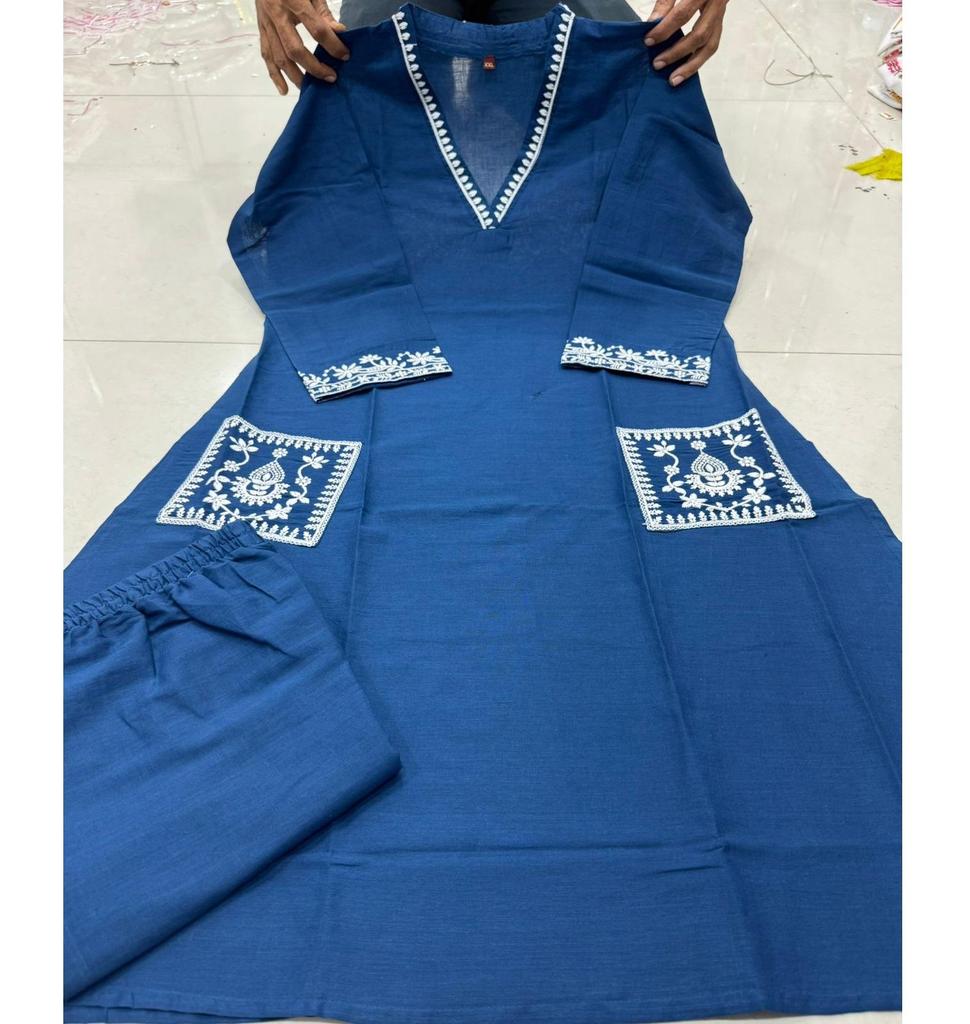 Women's Designer Heavy Cotton Kurta Pant Set Embroidered Party Wear Top Tunic Kurti Dress