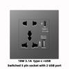 UK Grey 86 Panel 13A Household Wall Power Switch Socket, with USB, 220V Universal Socket, 18W Type-C Fast Charging Socket,