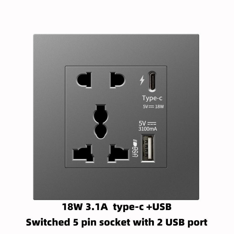 UK Grey 86 Panel 13A Household Wall Power Switch Socket, with USB, 220V Universal Socket, 18W Type-C Fast Charging Socket,