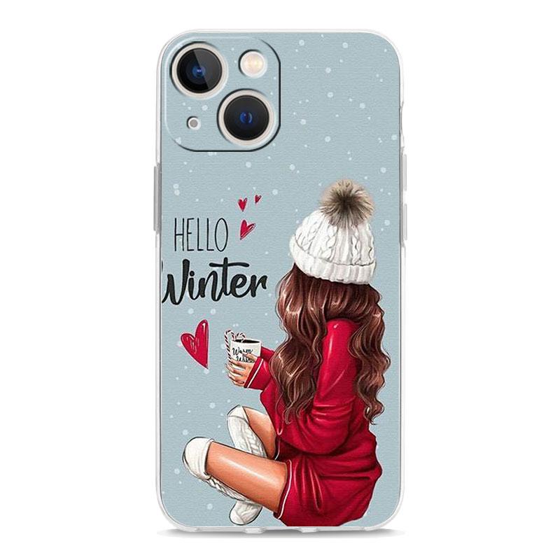 Christmas Art Girls Coffee Transparent Phone Case For iPhone 15 14 13 12 11 Pro Max XS X XR SE 7 8 Plus TPU Lens Protect Cover