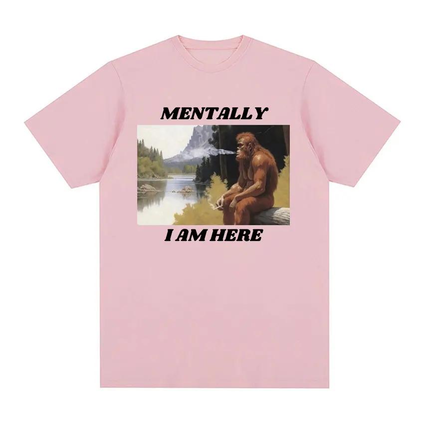 Mentally I Am Here Monkey Funny Meme Pattern T-shirt Men's and Women's Retro Fashion Short sleeved T-shirt Y2k Clothing