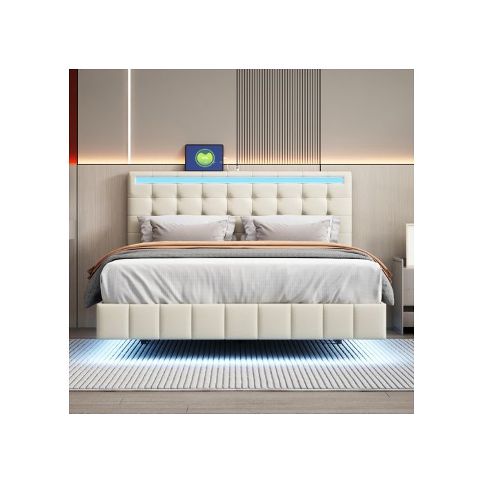 Lit capitonné - MUVOE - 140x200 cm - Éclairage LED - Design moderne - Tissu en lin respirant