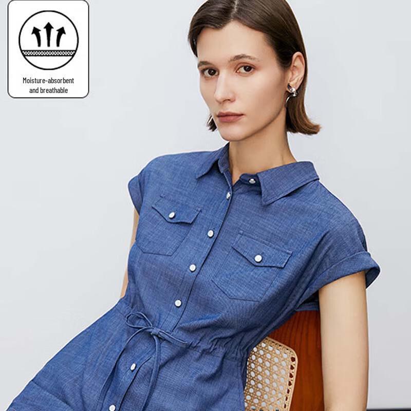 

JESSIE Women s Denim Style Tie-Waist Short Sleeve Midi Dress S