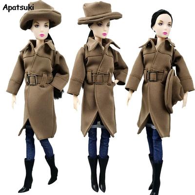 Winter Warm Fashion Office Khaki Coat for Barbie Doll Outfits Clothes Hat for Barbie Doll Black High Heel Shoes for 1:6 BJD Doll