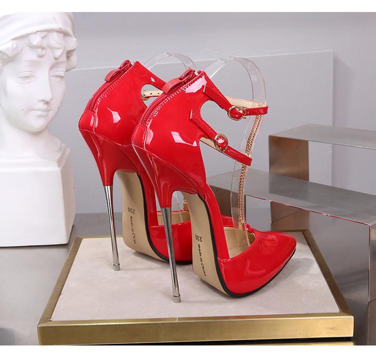 Crossdresser shoes zapatos mujer 16cm thin heels Pink women wedding Pumps Bridal Ankle Strap Patent Leather Stiletto sapato