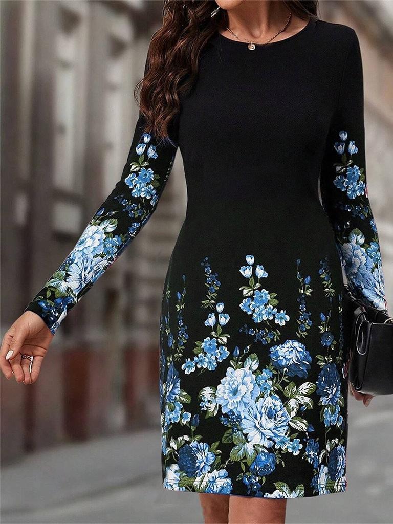 Autumn Winter Women Dress O Neck Flower Print A-Line Long Sleeve Loose Dress Casual Fashion Elegant Ladies Mini Dresses
