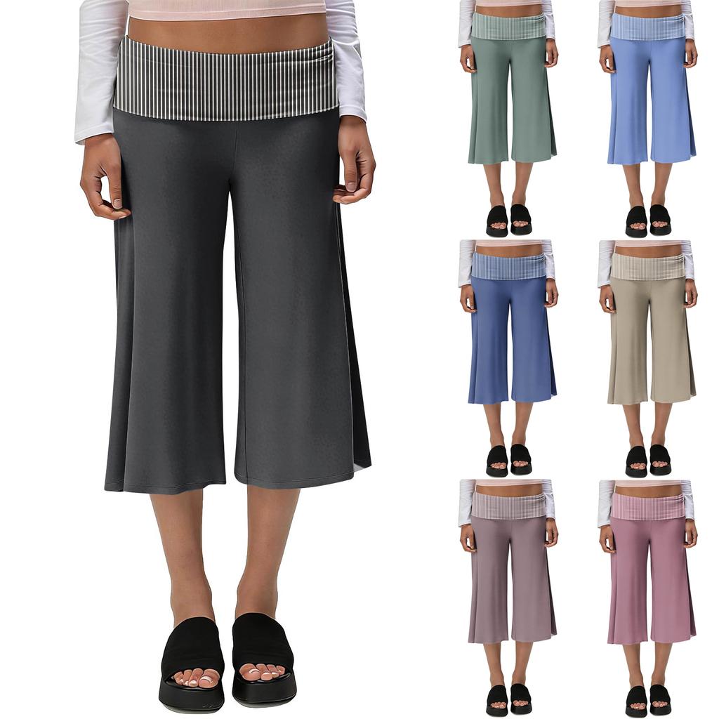 Womens Fold Over Cropped Pants Flared Bottom Fold Over Sweatpants Low Yoga Strechy Casual Wide Leg Sweatpant