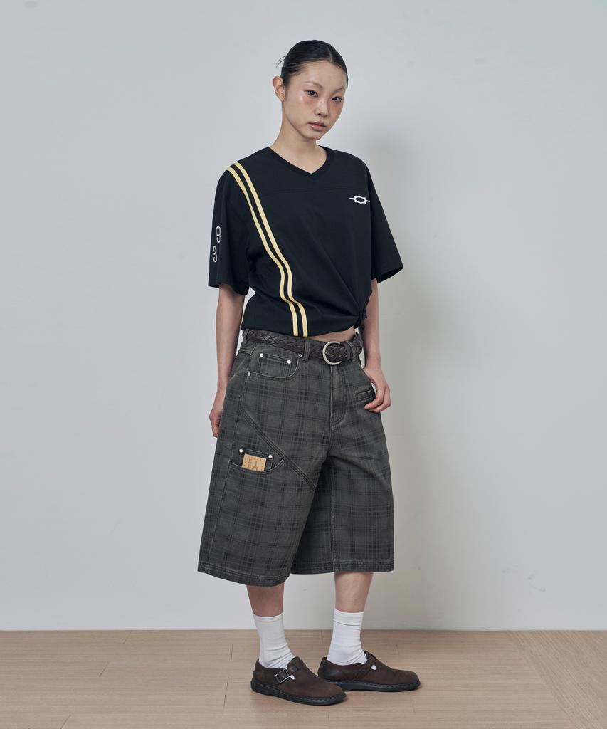 Lujeoseukeulleob Pantalon Bermuda en Coton Lavé à Carreaux Kaki
