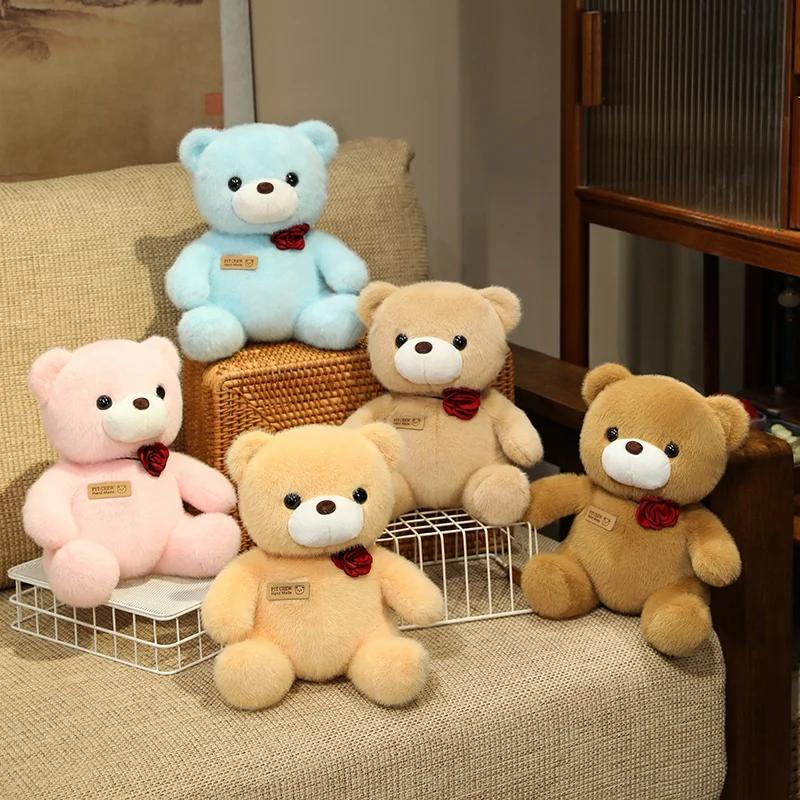 25cm Kawaii Colorful Bow Tie Bear Doll Plush Toy Stuffed Bear with Rose Animal Doll Birthday Gift Pillow for Girls Children