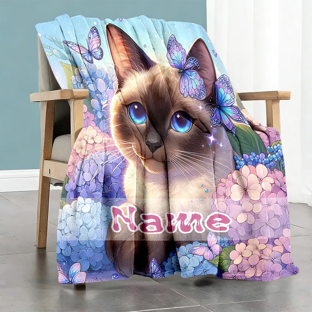 Siamese Cat Personalized Text Blanket Multi-purpose Customizable Blanket Warmthful Decor for Livingroom Seaside Sofa Chair Four Seasons Multipurpose