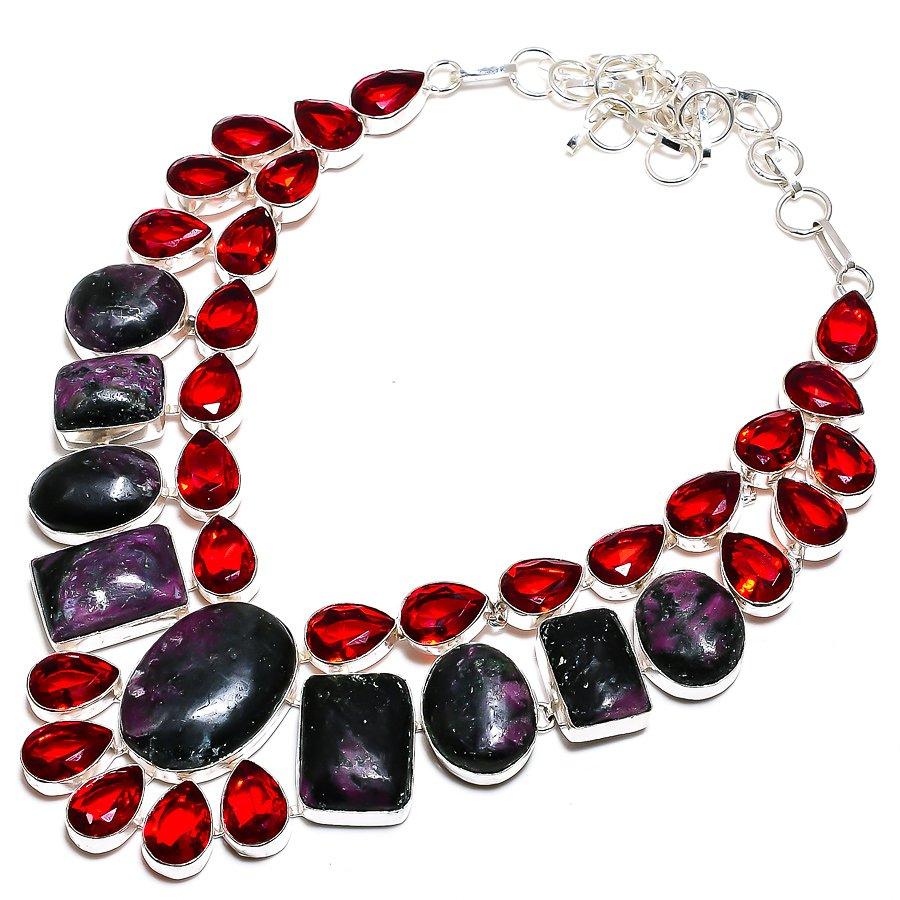 Lepidolite Stone, Garnet Gemstone 925 Sterling Silver Jewelry Necklace 18" SU-9798
