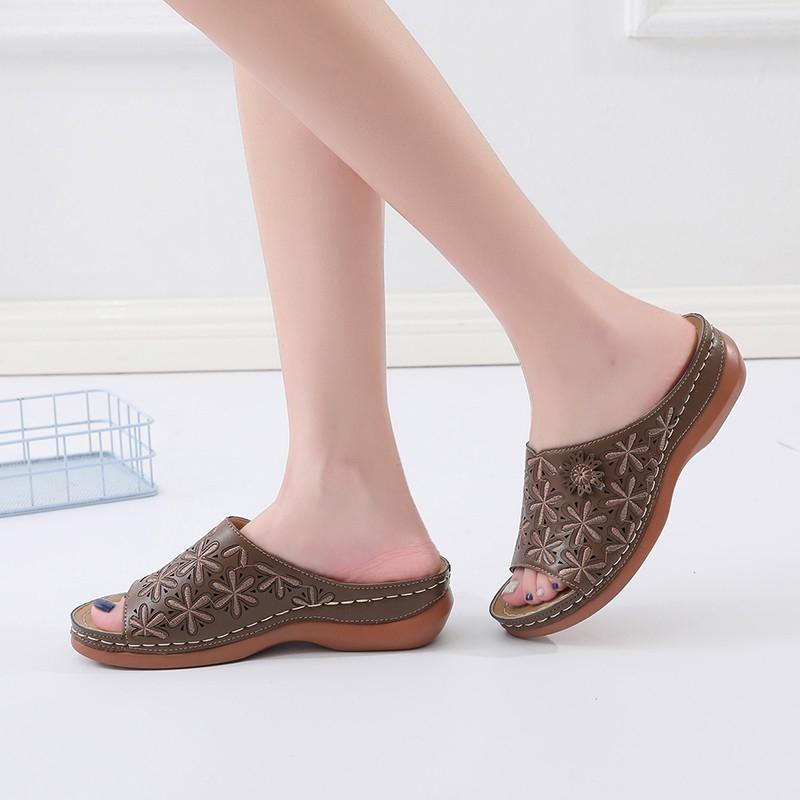 Fashion Women's Fashion Wedge Slippers Summer New Round Head Open Toe Print Soft Sole Anti-slip Wear-resistant Sandal Shoes