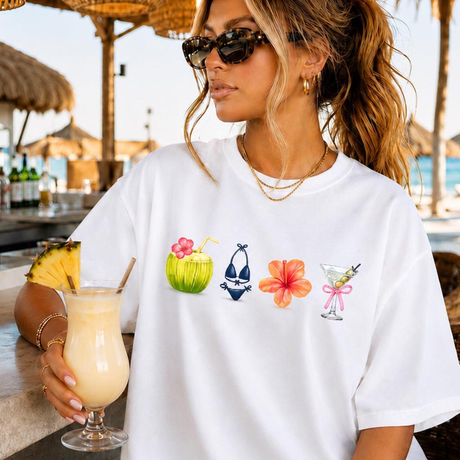 Tropical Beach Shirt, Coastal Summer Tee, Martini Coconut Hibiscus Graphic Tee, Cute Vacation Shirt, Beach Shirt, Bachelorette Shirt S