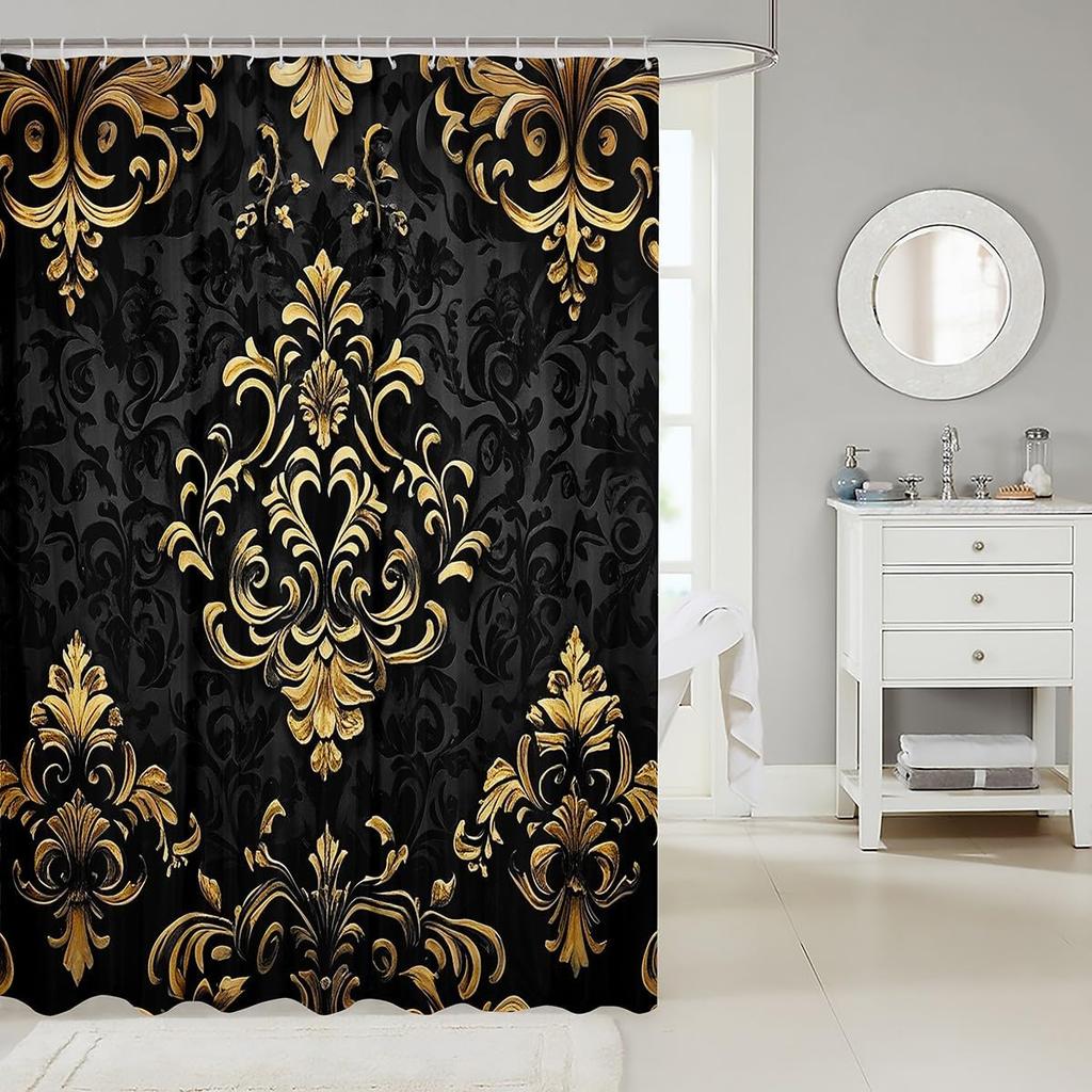 Vintage Boho Damask Floral Bathroom Curtain,Bohemian Exotic Goth Shower Curtain Victorian Baroque Flower Shower Bathtub Decor