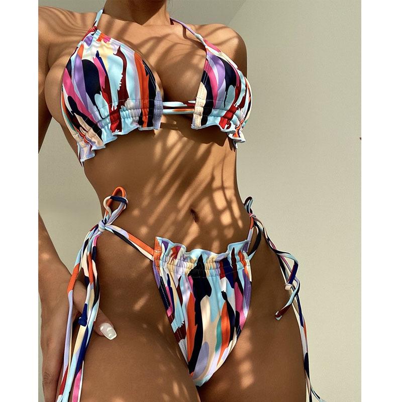 

2024 European & American Print Lace-up Halter Bikini Set Large