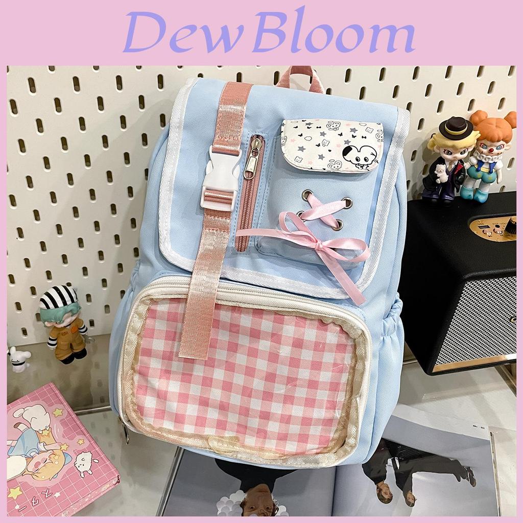 Girls Boys Korean Style Nylon School Backpack With Grid Print And Bow Decoration For Middle School Students