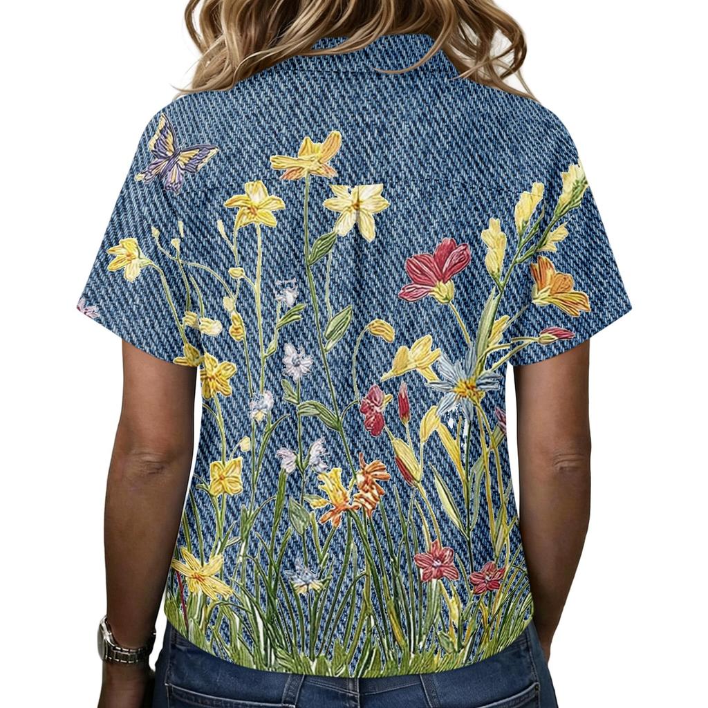Women Vintage Floral Print Short Sleeve Shirt Loose Fit Button Down Collar Top Casual Linen Cotton Blend Blouse