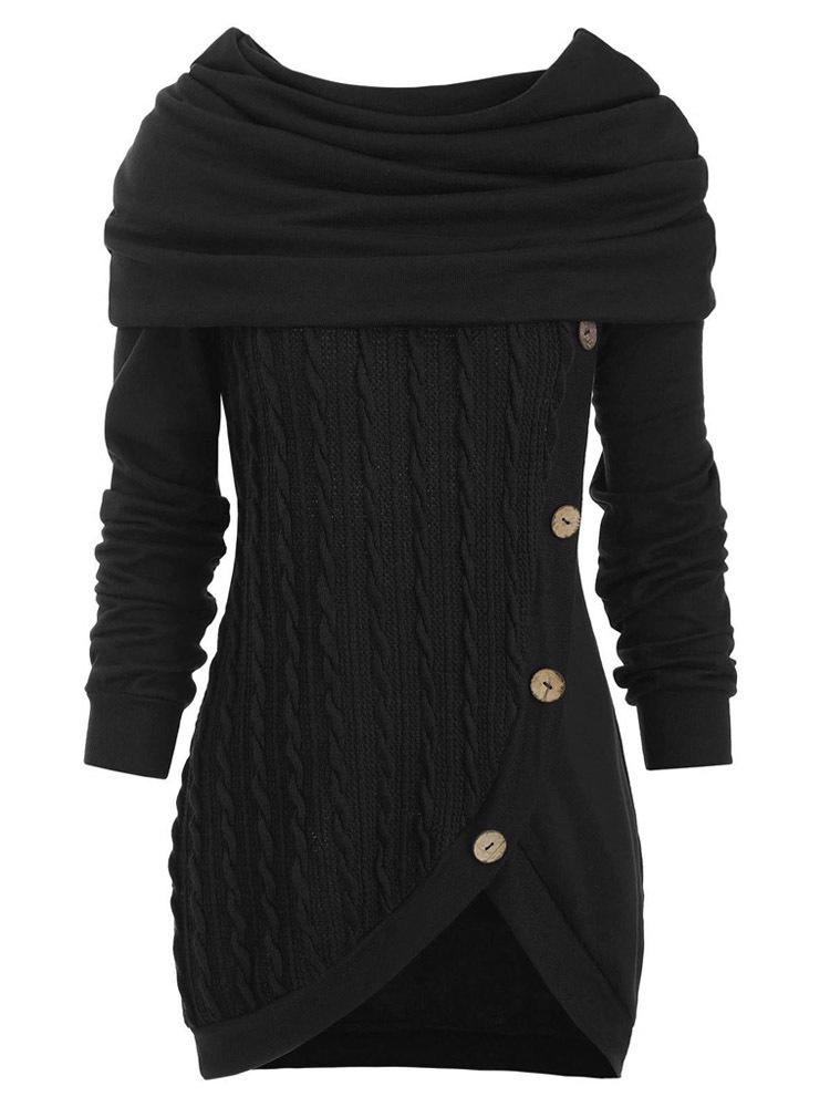 Women's Plus Size High Neck Hooded Knit Sweater with Button Detail