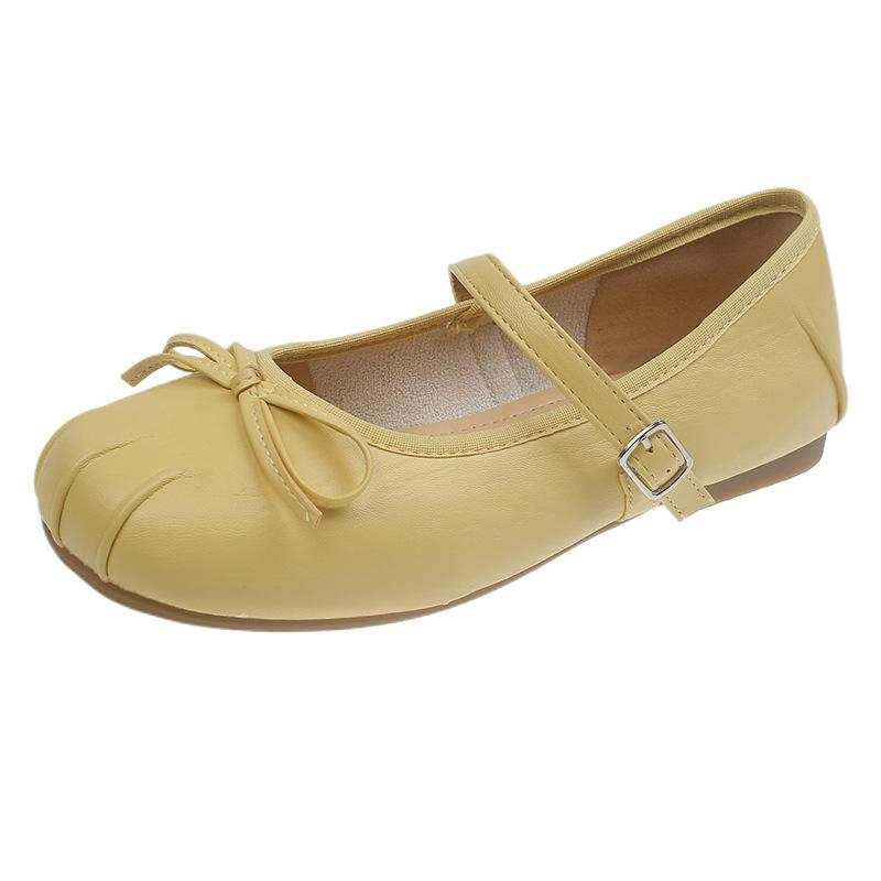 Square head retro fashion bow flat single shoes women's new versatile one-word with light mouth leather shoes