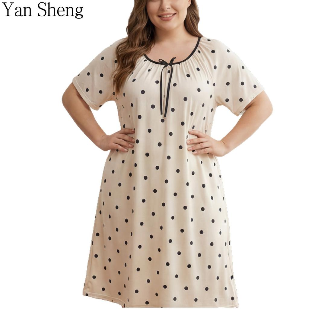 Women Nightgown Summer Polka Dot Print Milk‑Silk Loose Plus Size Long Robe Home Loungewear For Sleep