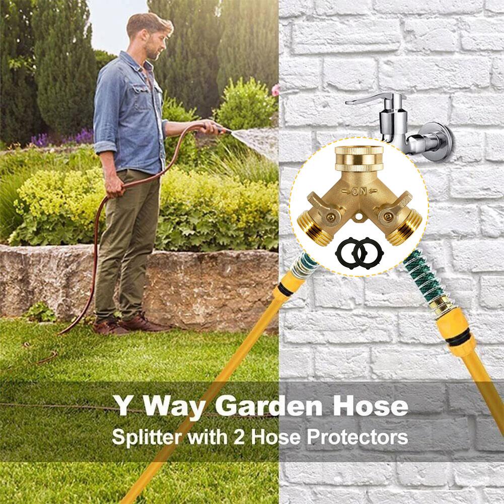 Brass Garden Hose Splitter 3/4 Inch Garden Tap Y-shaped Garden Hose Diverter For Outdoor Faucet Comfortable Grip Shut Off Valves