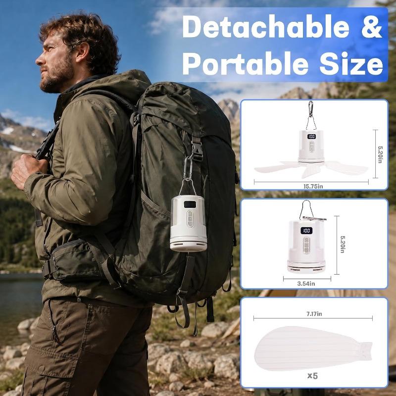 Ventilatore da soffitto portatile multifunzione da 10800 mAh con illuminazione ambientale RGB, a batteria per camera da letto, tenda da campeggio, viaggi all'aperto
