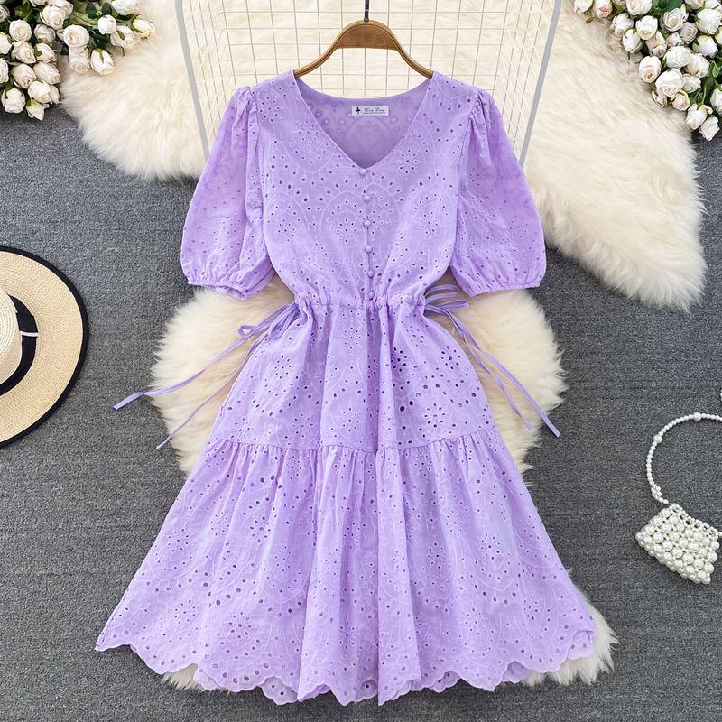 

Fresh Summer Bubble Slim Looking Dress Short Sleeve Purple All yards