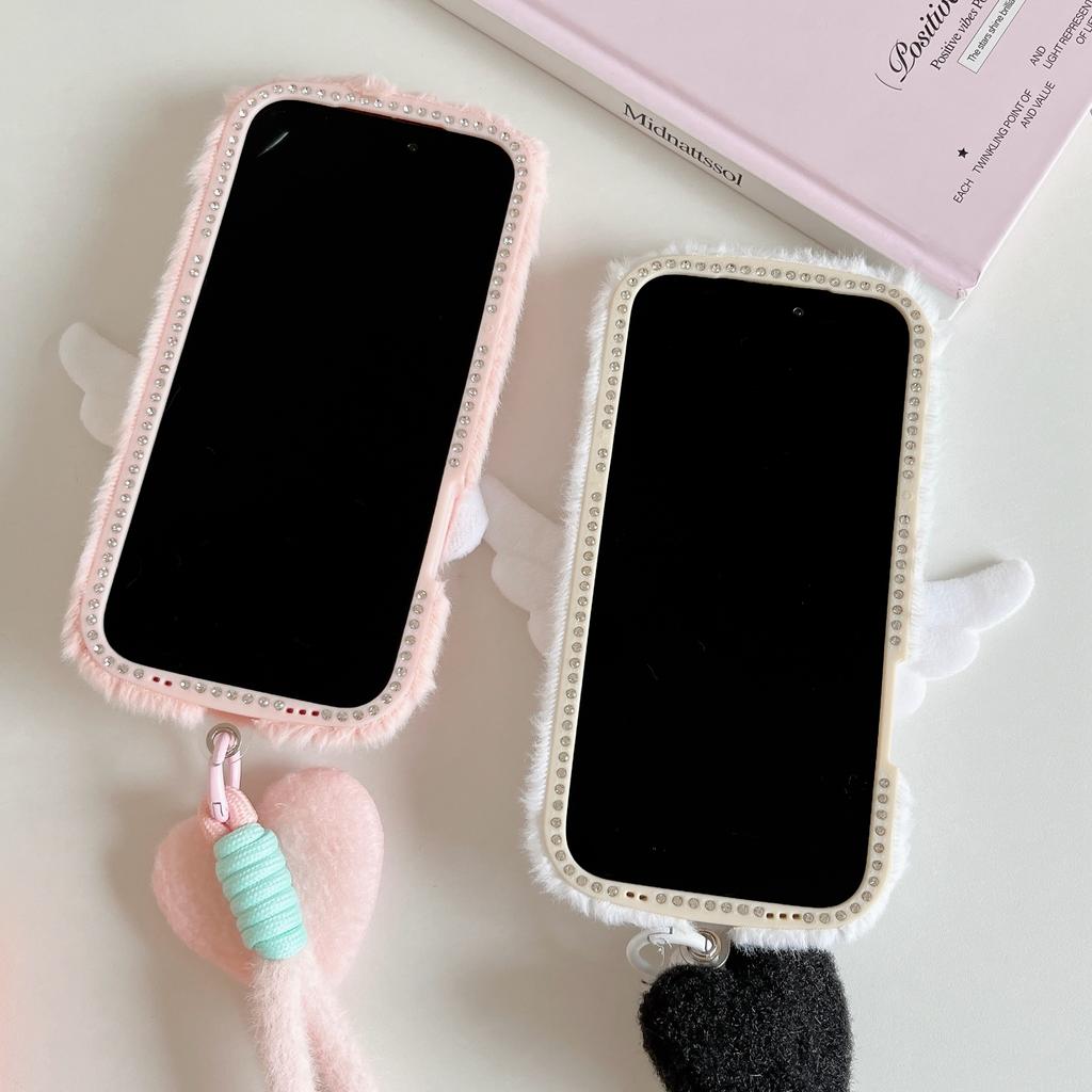 For iPhone 17 Pro Max Case Rhinestone Frame 3D Angel Heart Plush TPU PC Phone Cover with Heart Strap