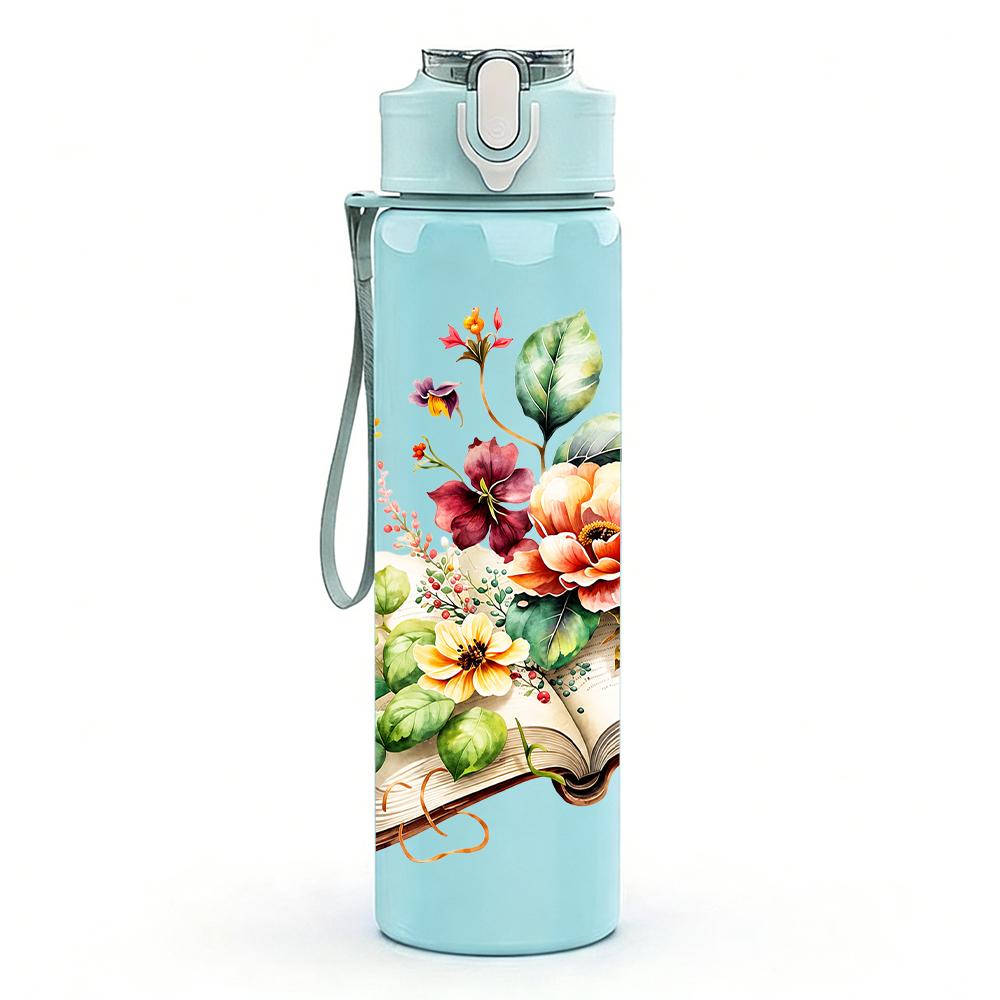 1PC Open Book Fresh Floral Arrangement 750ml Color Plastic Sports Water Bottle Leakproof Flip Straw Lid Suitable for Sports Office Home Use