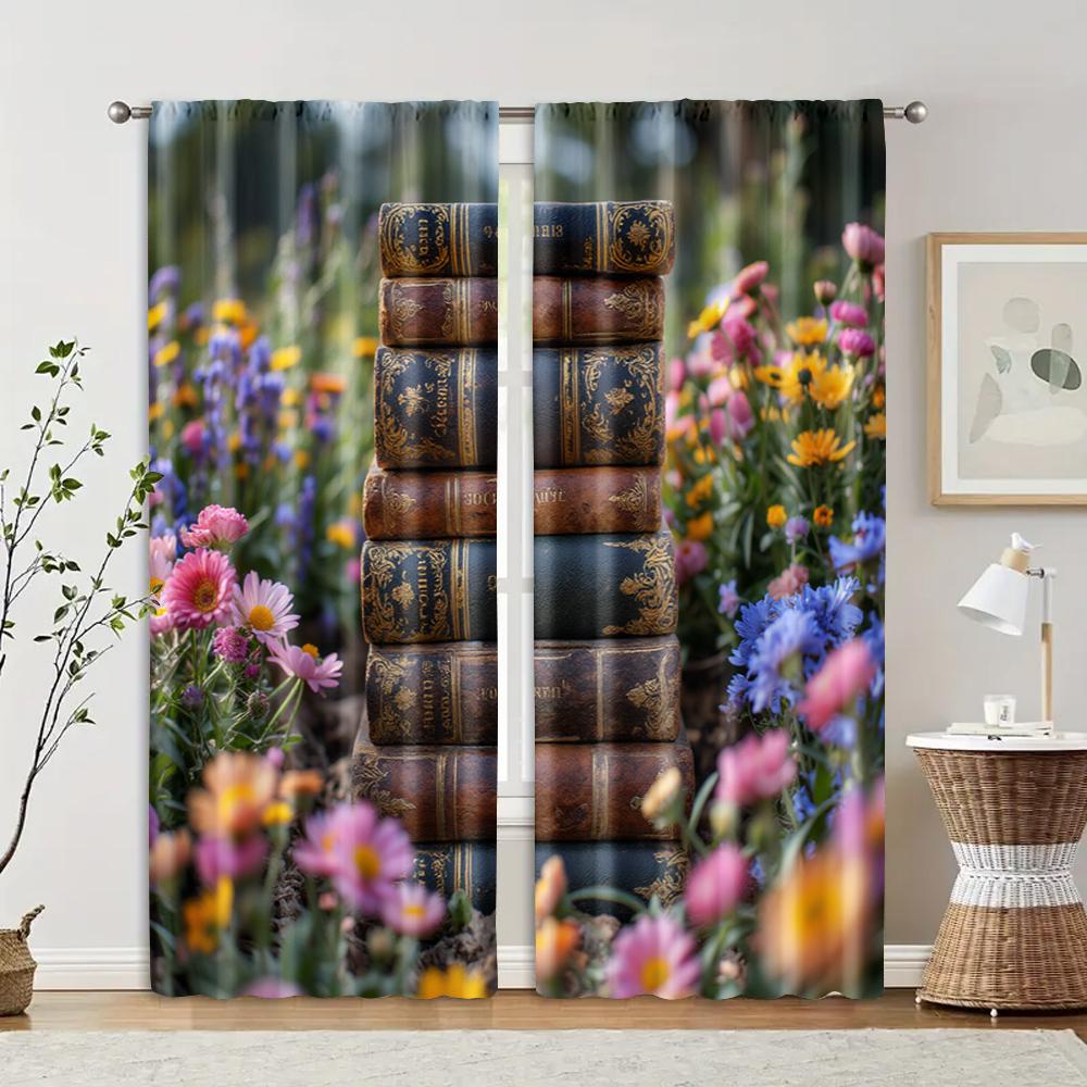 

Set Of 2 Vintage Filtering Curtains Excluding Rods Non Movable Without Batteries Books Blooms Use Bedrooms Curtain Polyester Perfect For Master W100*H70(CM)-Rod Pocket&2PCS