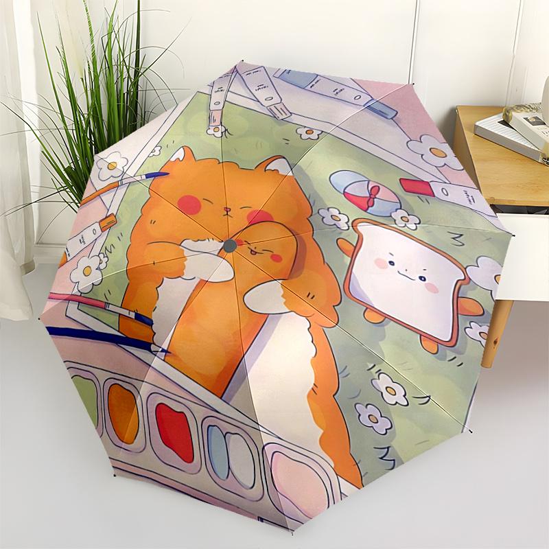 

1pc Cute Cat and Bread Slice Art Print with Flowers Automatic Opening/Closing Umbrella - Perfect for Fans, Travelers, Daily Use, and Festive Gift
