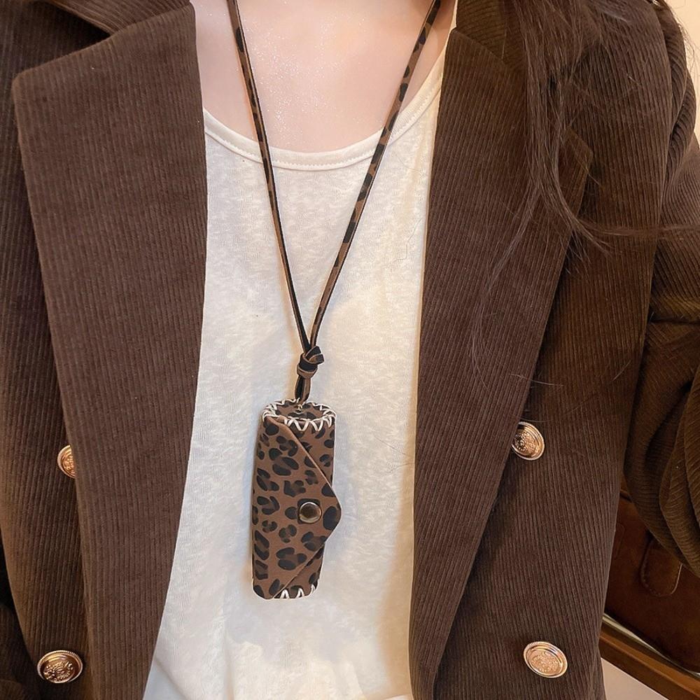 Collarbone Chain Leopard Leather Bag Necklace Storage Lipstick Jewelry Clavicle Chain  Women