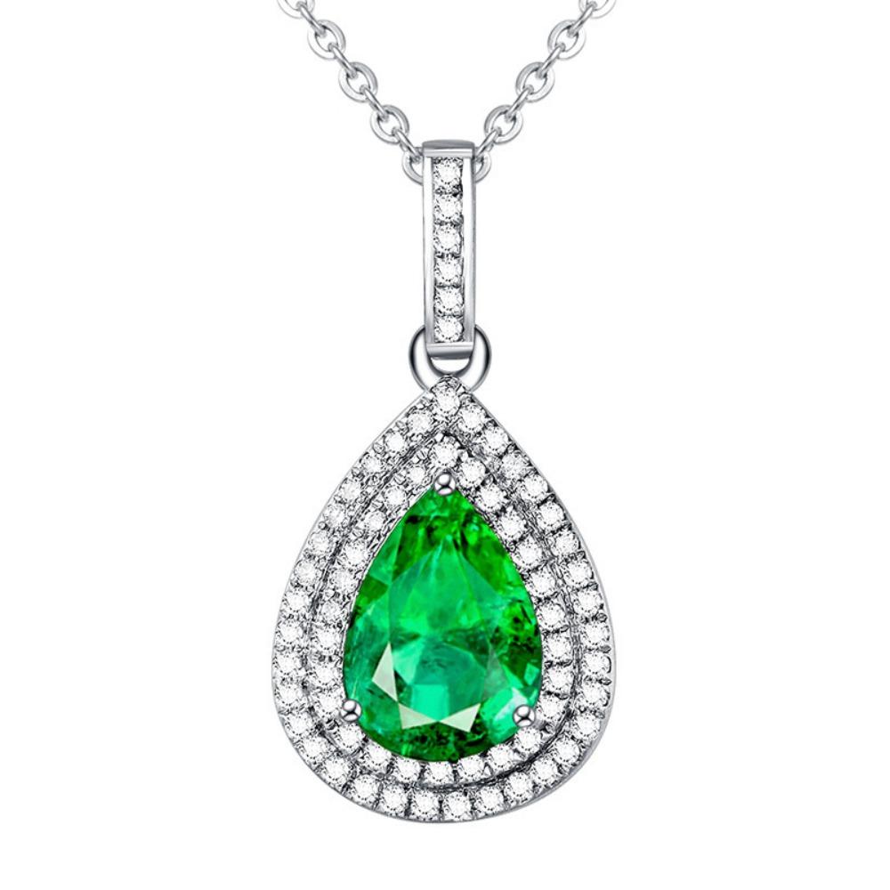 Luxury Pear Shaped Emerald Pendant Necklace 18K Gold Plated with Micro Pave Diamonds for Engagement