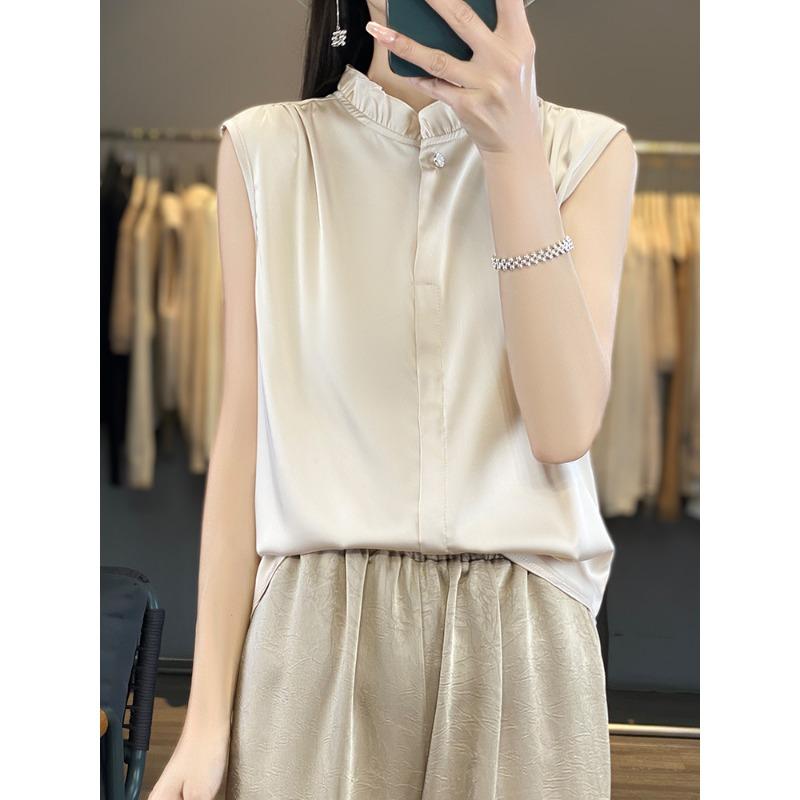 VEZFAA Women's Fashion Casual Summer Spring Solid Color Print Sleeveless Stand-Neck Blouses & Shirts