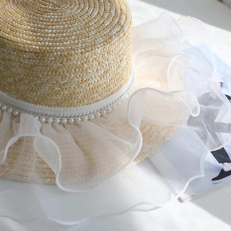 Summer Pearl Lace Mesh Hat Women's Straw Straw Hat Street Photography Styling Beach Hat Elegant Flat Top Hat
