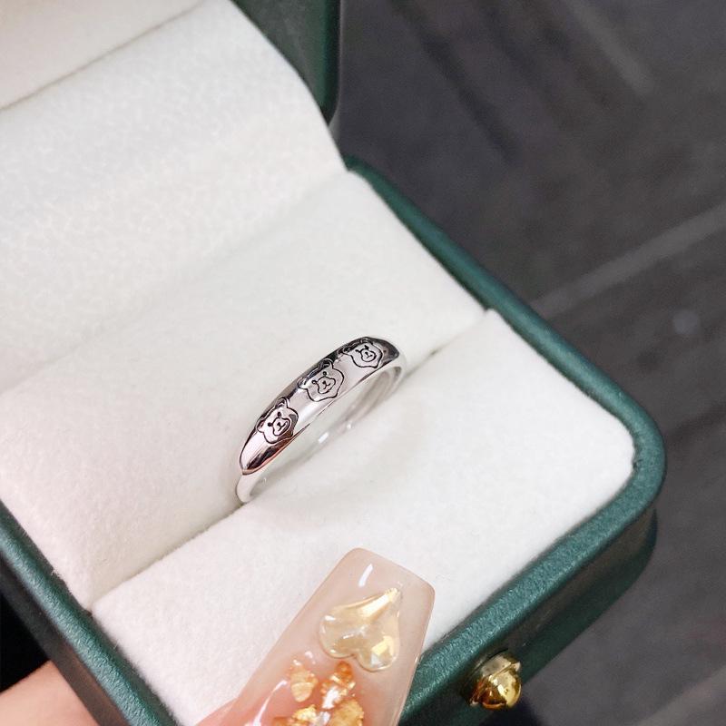 Sterling Silver S925 Cartoon Bear Adjustable Ring for Women - Trendy Minimalist Design Adjustable