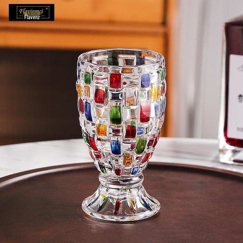 Colorful Striped Glass Goblet: High-Foot Milk Tea & Dessert Cup with Woven Texture, Perfect for Juice and Water.