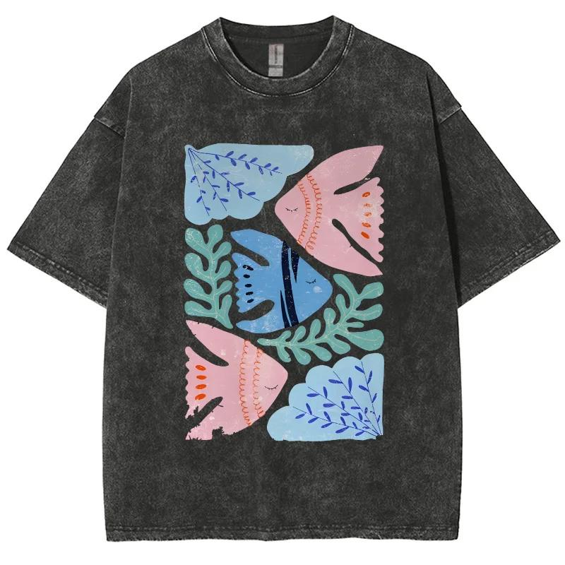 Feng Shui Minimalist Cartoon Printed Men's T-shirt Large Loose T-shirt Casual Retro Washed Short Sleeved T-shirt