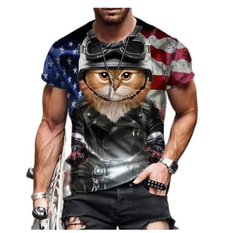 Summer Round Neck 3D Cat Print Top Fashionable Casual Short Sleeved Men's T-shirts