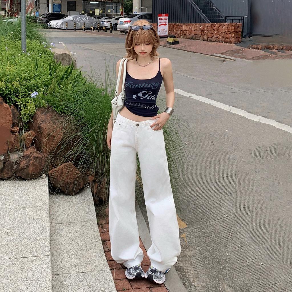 Autumn New American Spice Girls Pure White Jeans Women's Low Waist Loose Straight Skinny Versatile Mopping Wide Leg Pants Tide