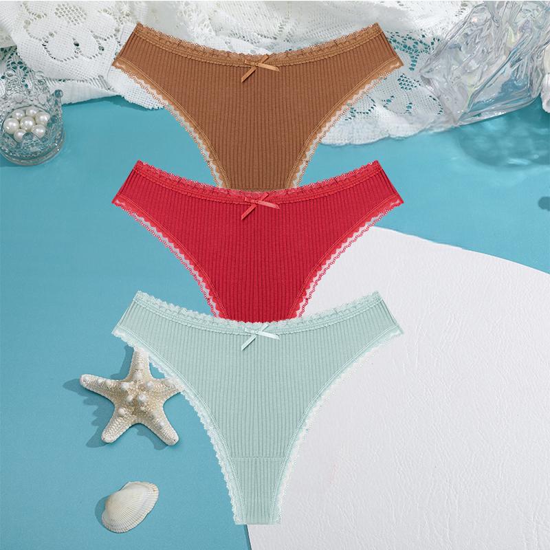 FINETOO 3PCS/Set Women Cotton Panties 5 Solid Color Low Waist Threaded G-string Lingerie Fashion Sexy thongBreathable Underpants