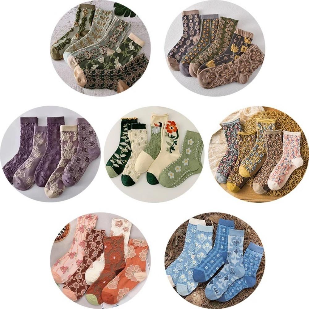 5 Pairs Three-Dimensional Women Textured Socks Palace Style Long Stockings  Spring Autumn
