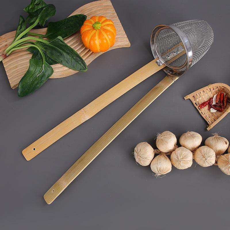 Durkslagskorg i rostfritt stål med bambuhandtag Fin sil för nudlar pasta hot pot köksredskap friteringsfilter